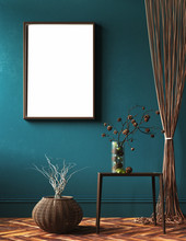 Mock-up Frame In Living Room With Rope Curtains And Bouquet Of Branch On Table, 3d Render
