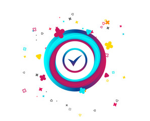 Check mark sign icon. Yes circle symbol. Confirm approved. Colorful button with icon. Geometric elements. Vector