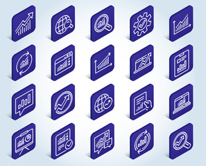 Aufkleber - Analysis, Statistics line icons. Set of Charts, Reports and Graphs signs. Data, Presentation and Communication speech bubbles. Global Statistics, hold Document and Checklist. Vector