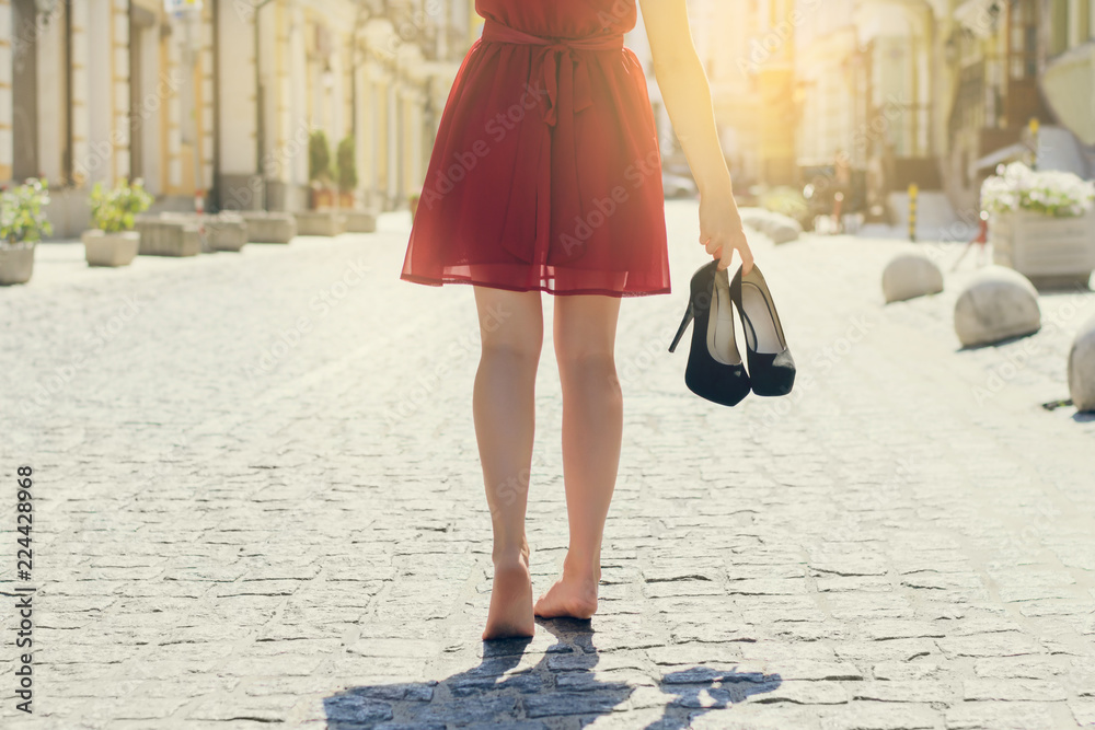 Close up cropped rear back behind view photo of woman in red dress ...