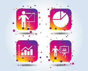 Wall Mural - Diagram graph Pie chart icon. Presentation billboard symbol. Supply and demand. Man standing with pointer. Colour gradient square buttons. Flat design concept. Vector
