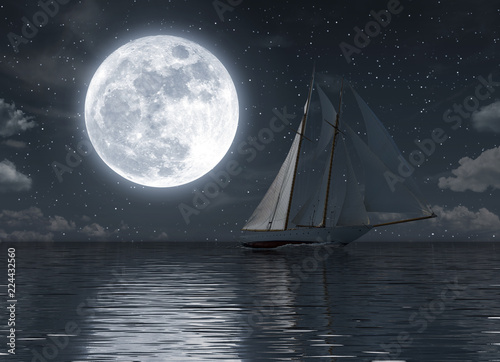Fotografie, Obraz Sailboat on the sea at night with full moon