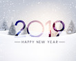 Blurred Happy New Year 2019 card with winter landscape.