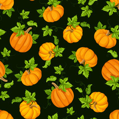 Wall Mural - Vector seamless pattern with orange pumpkins and green leaves.