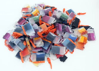 Wall Mural - Empty inkjet color cartridges on white background.
