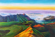 A beautiful mountain landscape with mountain ranges and clouds covering the plain. Oil Painting.