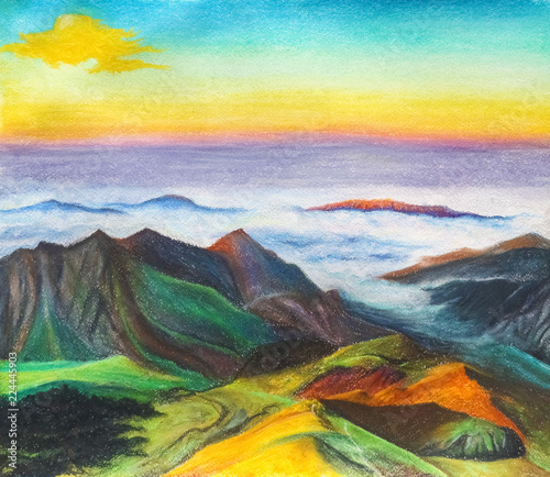 A Beautiful Mountain Landscape With Mountain Ranges And Clouds Covering The Plain Drawing Pastel On Paper Buy This Stock Illustration And Explore Similar Illustrations At Adobe Stock Adobe Stock
