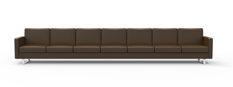 Extremely long brown leather sofa isolated on white background. 3d rendering