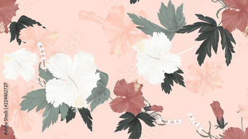 Floral seamless pattern, colorful hibiscus, lavender flowers with leaves on l...