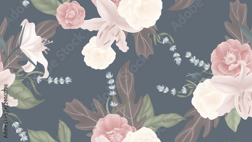 Floral seamless pattern, rose, lily, lavender with leaves on matted blue back...