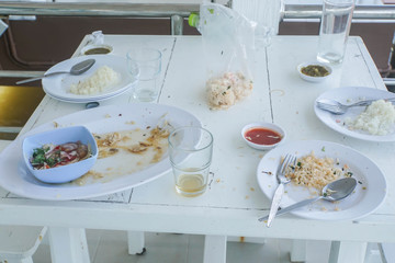 residue of foodstuffs in the white plastic dish on wooden table