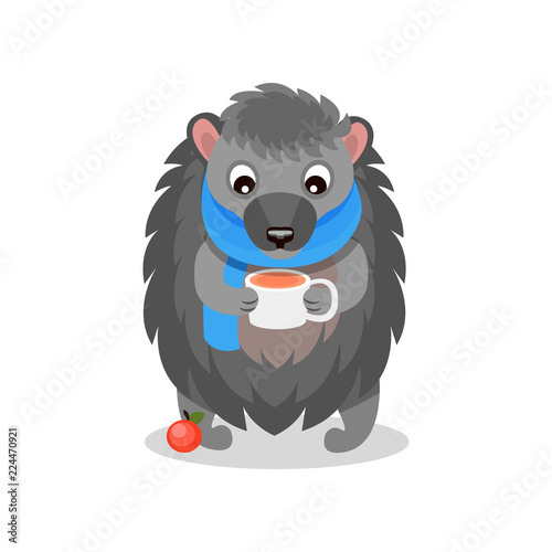 Download Cute Hedgehog Wearing Blue Scarf Drinking Hot Tea Sweet Animal Cartoon Character Vector Illustration On A White Background Stock Vector Adobe Stock