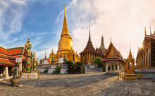 Wat Phra Kaew,Temple Of The Emerald Buddha Or Wat Phra Si Rattana Satsadaram,is Regarded As The Most Sacred Buddhist Temple ,is One Of The Best Known Landmarks In Bangkok,Thailand,Panorama View