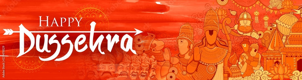 Lord Ram, Sita, Laxmana, Hanuman and Ravana in Dussehra Navratri festival of India poster - obrazy, fototapety, plakaty 