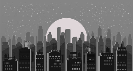 Wall Mural - Cityscape night. Modern city skyline panoramic vector background. Urban city tower skyscrapers skyline illustration, isolated, illustration