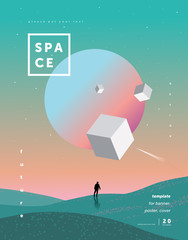 science fiction, abstract background for a poster or cover of the space and the future, a design template from multi-colored gradient, illustrations of planets, a starry sky, a spaceman