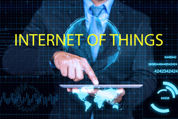 Poster - Internet of things (IoT) with man graphical user digital interface transformation, Artificial Intelligence,offer IoT solution represented HUD - intelligent life, Information Communication Technology