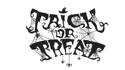 Wall Mural - Spooky trick or treat text with spider web isolated on white background. scary, haunted and creepy hand lettering for party invitation, greeting card, banner