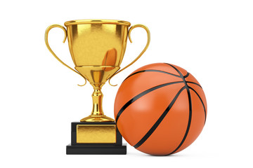 Aufkleber - Basketball Ball near Golden Award Trophy Cup. 3d Rendering