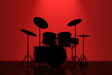 Professional Rock Drum Kit With Red Backlight In Front Of Wall. 3d Rendering
