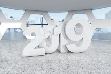 Poster - White New 2019 Year Sign in Abstract Bright Office Meeting Room. 3d Rendering
