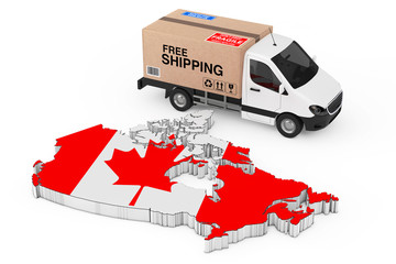 Aufkleber - Canada Logistics Concept. White Commercial Industrial Cargo Delivery Van Truck Loaded with Cardboard Box with Free Shipping Sign near Canada Map with Flag. 3d Rendering