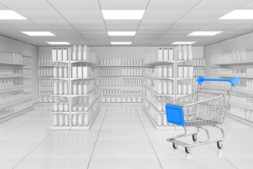 Poster - Shopping Cart near Market Shelving Rack with Blank Products or Goods in Clay Style as Supermarket Interior. 3d Rendering