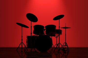 Poster - Professional Rock Drum Kit with Red Backlight in front of Wall. 3d Rendering