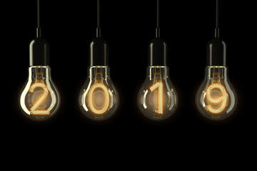 Poster - Light Bulbs Illuminated 2019 New Year. 3d Rendering