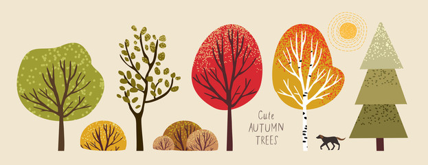 autumn trees, set of vector illustrations of cute trees and shrubs: oak, birch, aspen, linden, fir, sun and dog