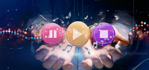 Poster - Man holding a Music button and notes playing  3d rendering