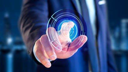 Poster - Businessman holding a Shinny technologic globe button - 3d render
