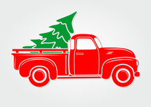 Vintage Pickup, Truck With Christmas Tree. Vector Illustration.  