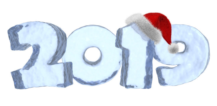 New Year 2019 blue ice text with red hat