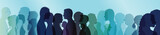 Fototapeta  - Talking crowd. People talking. Dialogue between people. Colored silhouette profiles. Multiple exposure