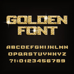 Fototapete - Golden alphabet font. Metal glitter shiny letters, numbers and symbols. Stock vector typeface.