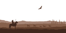 Silhouette Of Desert With Indian On Horse. Natural Panorama Of Wilderness Scenery. American Landscape. Wildlife Western Scene