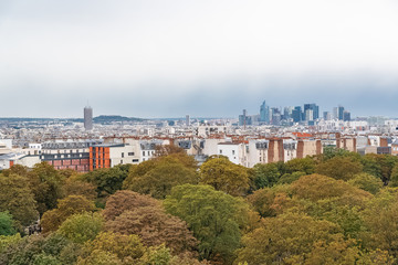 Paris, aerial panorama from Montmartre, the cemetery, the Montparnasse tower and la Defense in background 