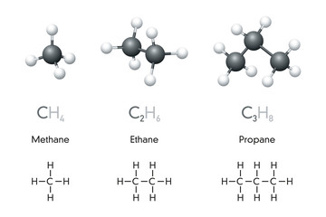 Wall Mural - methane, ethane, propane molecule models and chemical formulas. organic chemical compounds. natural 