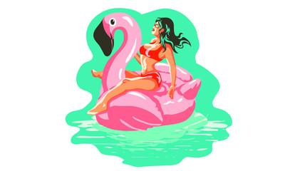 girl in the pool at the pink flamingo, abstract summer time illustration card with girl swimming on pink flamingo float in circle