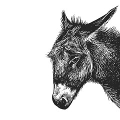 Realistic portrait of farm animal Donkey. Vintage engraving. Black and white hand drawing. Vector