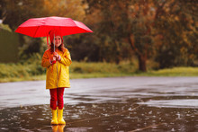 Happy Child Girl With An Umbrella And Rubber Boots Jump In Puddle  On Autumn Walk