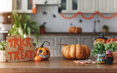 interior of home decorated for holiday of Halloween with pumpkins