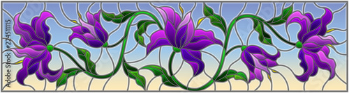 Dekoracja na wymiar  ilustracja-w-stylu-witrazu-z-kwiatami-liscmi-i-pakami-fioletowych-lilii-na-niebiesko