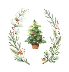 Wall Mural - Watercolor vector greeting card with Christmas tree.