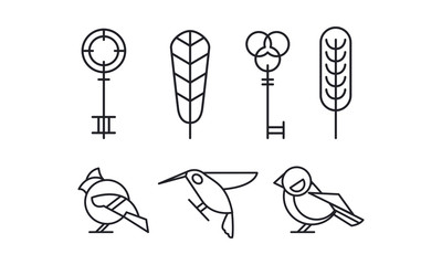 Sticker - Set of keys, leaves and birds hummingbird, woodpecker and sparrow in linear style. Vector elements for book or postcard