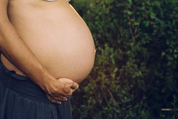 Wall Mural - Close-up of pregnant woman's belly stroking with her hands in nature.