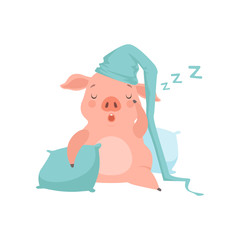 Wall Mural - Cute little pig in light blue nightcap sleeping on pillows, funny piglet cartoon character vector Illustration on a white background