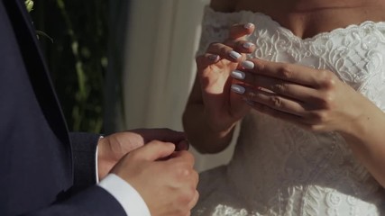 Wall Mural - the bride and groom put on wedding rings. close-up