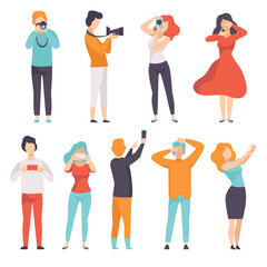 Poster - People photographing set, young men and women taking photos with cameras vector Illustration on a white background